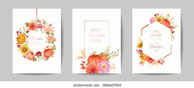 Thanksgiving Day greeting, Autumn invitation card, flyer, banner, poster template. Pumpkin, flower, leaves, floral design elements. Vector illustration Set