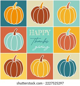 Thanksgiving day greeting card. Autumn vector illustration in retro colors. Set of pumpkin silhouettes with text.
