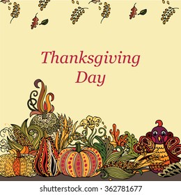 Thanksgiving Day greeting card with autumn harvest and turkey. Place for your text. Vector illustration