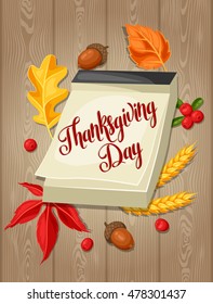 Thanksgiving Day greeting card. Background with calendar and autumn objects.