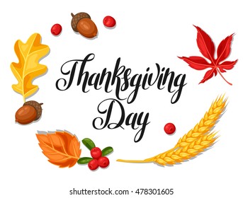 Thanksgiving Day greeting card. Background with autumn objects.