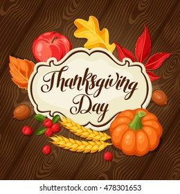 Thanksgiving Day greeting card. Background with autumn objects.