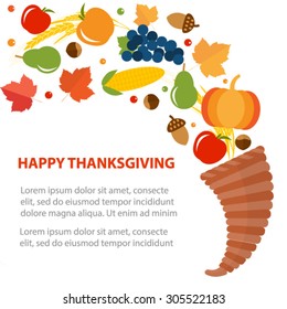 Thanksgiving day greeting card with cornucopia (horn of plenty), fruits, nuts, vegetables, wheat, vector illustration