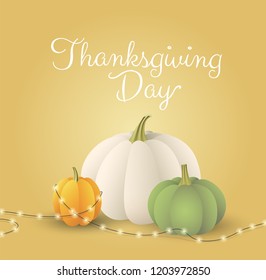 Thanksgiving day greeting card design with white, yellow and green pumpkins and garland. - Vector illustration