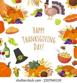 Thanksgiving day greeting card design. Traditional Thanksgiving dinner. Cartoon style vector illustration