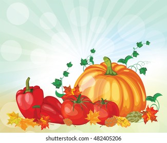 Thanksgiving Day Greeting Card. Design Consist From Pumpkin, Pepper, Tomato, Maple Leaves Over Autumn Sky With Sun Rays and Flares.  Very Cute and Warm Colors. Vector illustration.