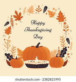 Thanksgiving day greeting card, flat vector illustration, autumn celebration, warm pastel colors, beautiful postcard 