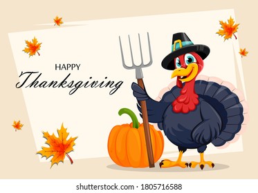 Thanksgiving Day greeting card. Funny Thanksgiving Turkey bird cartoon character standing near pumpkin and holding pitchfork. Vector illustration