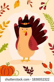 Thanksgiving Day greeting card with funny turkey in a pilgrim hat. Colorful flat design