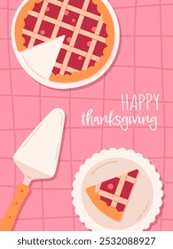 Thanksgiving day greeting card. Harvest festive elements, pumpkin pie on tablecloth, family dinner or lunch. Hand drawn template design. Vector flat illustration for print, poster, banner, ads, cover