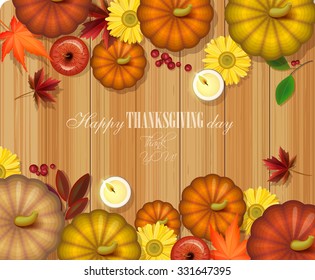 Thanksgiving day greeting card. Illustration of Thanksgiving celebration banner with maple leaf, pumpkin, apples, candles, flowers, berries, vegetables.