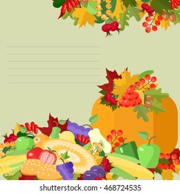 Thanksgiving Day , greeting card with pumpkin and fruit