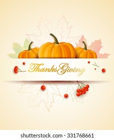 Thanksgiving day greeting card with pumpkins, viburnum and autumn leaves.