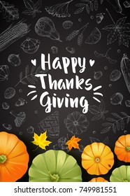 Thanksgiving Day. Greeting card with pumpkins and maple leaves. Handwritten modern calligraphy inscription. Hand drawn vector vegetables. Brush lettering.
