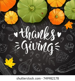 Thanksgiving Day. Greeting card with pumpkins and maple leaves. Handwritten modern calligraphy inscription. Hand drawn vector vegetables. Brush lettering.