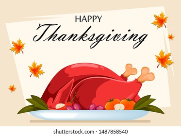 Thanksgiving Day Greeting Card with Roasted Turkey. Tasty Homemade Meal. Vector illustration