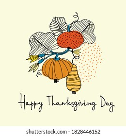 Thanksgiving Day greeting card in sketchy style with pumpkins isolated on lightbackground. Hand drawn vector illustration, hand lettering