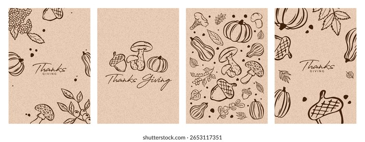 Dia de Ação de Graças Cartão de Saudação conjunto de modelo com Elementos de outono desenhado à mão no fundo Kraft. Cartaz de férias, Banner ou folheto com abóbora, cogumelo, ramificação de Berry, milho, folhas de outono. Ação de Graças 