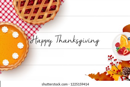 Thanksgiving day greeting card with traditional holiday dinner on wooden background