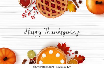 Thanksgiving day greeting card with traditional holiday dinner on wooden background