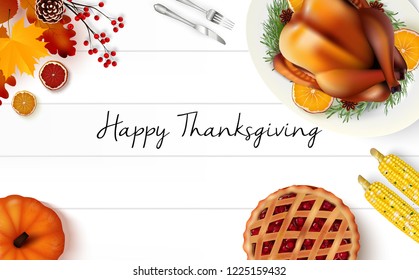 Thanksgiving day greeting card with traditional holiday dinner on wooden background