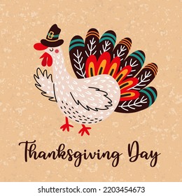 Thanksgiving day greeting card with turkey. Vector illustration
