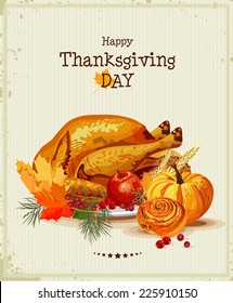 Thanksgiving day. Greeting card with turkey, pumpkin, autumn leaves, apples, berries, fruits, vegetables. Vector poster