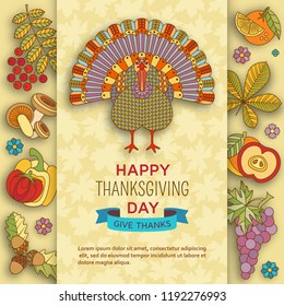 Thanksgiving day greeting card. Various elements for design. Cartoon vector illustration.