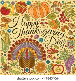 Thanksgiving day greeting card. Various elements for design. Cartoon vector illustration. Holiday background.