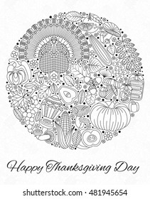 Thanksgiving day greeting card. Various elements for design. Cartoon vector illustration. Round shape.