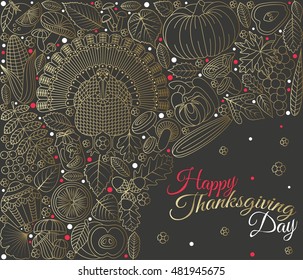 Thanksgiving day greeting card. Various elements for design. Cartoon vector illustration. Holiday background.