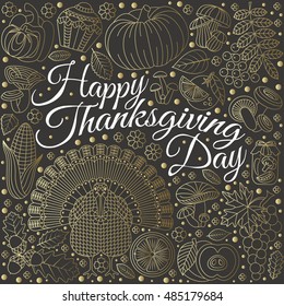 Thanksgiving day greeting card. Various elements for design. Cartoon vector illustration. Holiday background.