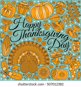 Thanksgiving day greeting card. Various elements for design. Cartoon vector illustration. Holiday background.