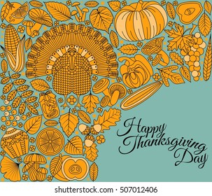 Thanksgiving day greeting card. Various elements for design. Cartoon vector illustration. Holiday background.