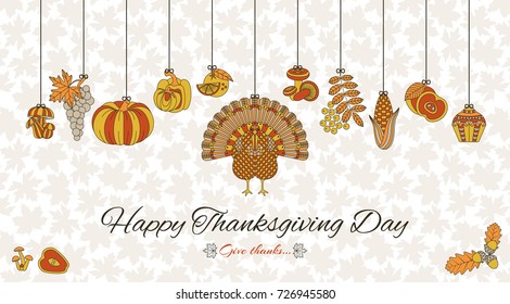 Thanksgiving day greeting card. Various elements for design. Cartoon vector illustration.