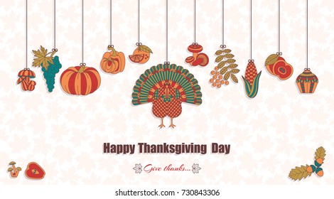 Thanksgiving day greeting card. Various elements for design. Cartoon vector illustration.