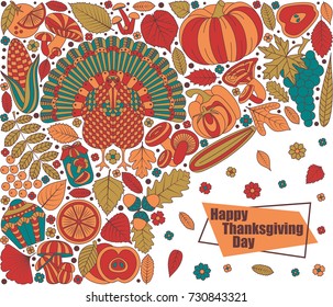 Thanksgiving day greeting card. Various elements for design. Cartoon vector illustration.