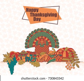 Thanksgiving day greeting card. Various elements for design. Cartoon vector illustration.