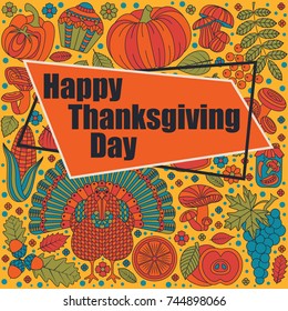 Thanksgiving day greeting card. Various elements for design. Cartoon vector illustration.