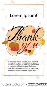 Thanksgiving day greeting card vector illustration isolated on white background. Phrase Thank you with pumpkins and autumn leaves on decorated backdrop. Flat style flyer