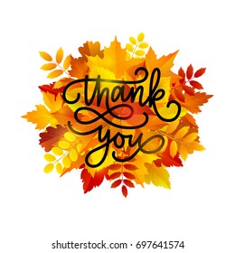 Thanksgiving day greeting card. Vector illustration of autumn leaves bouquet and lettering thank you.