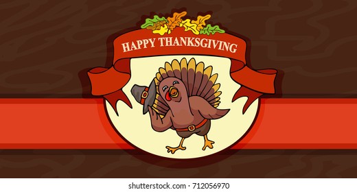Thanksgiving day - greeting card. Vector illustration cartoon turkey with the hat. Can be used for poster, invitation card, advertising at fairs.