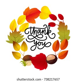 Thanksgiving day greeting card. Vector illustration of autumn leaves wreath and lettering thank you.