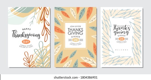 Thanksgiving day greeting cards and invitations collection. Abstract vector holiday illustration.