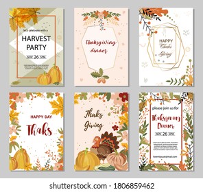 Thanksgiving day greeting cards and invitations and seasonal greetings design. Handwritten calligraphy lettering phrases. Vector illustration.