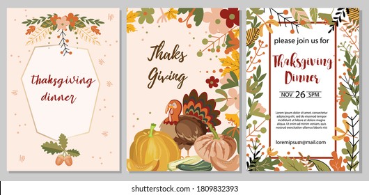 Thanksgiving day greeting cards and invitations seasonal greetings design. Handwritten calligraphy lettering phrases. Vector illustration.