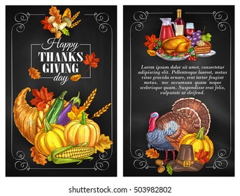 Thanksgiving Day greeting holiday banners and posters. Thanksgiving color sketch turkey symbol, cornucopia with plenty of food. Family celebration dinner meal with autumn harvest, vine