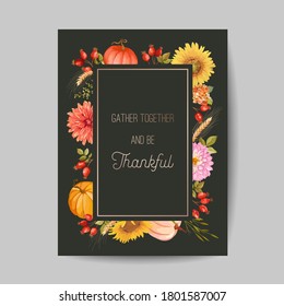 Thanksgiving day greeting, invitation card, flyer, banner, poster template. Autumn pumpkin, flower, leaves, floral design elements. Vector illustration