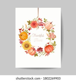 Thanksgiving day greeting, invitation card, flyer, banner, poster template. Autumn pumpkin, flower, leaves, floral design elements. Vector illustration