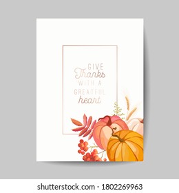 Thanksgiving day greeting, invitation card, flyer, banner, poster template. Autumn pumpkin, flower, leaves, floral design elements. Vector illustration